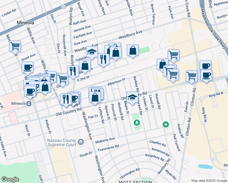 map of restaurants, bars, coffee shops, grocery stores, and more near 19 Violet Avenue in Mineola