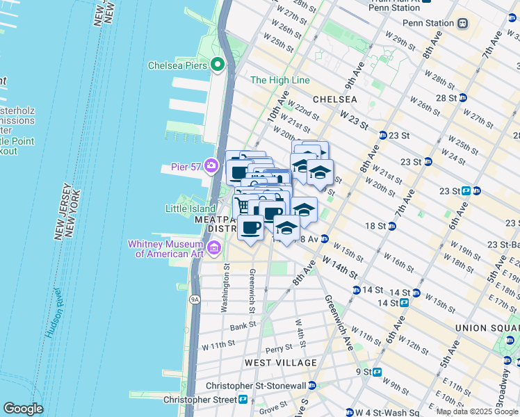 map of restaurants, bars, coffee shops, grocery stores, and more near 412 West 15th Street in New York