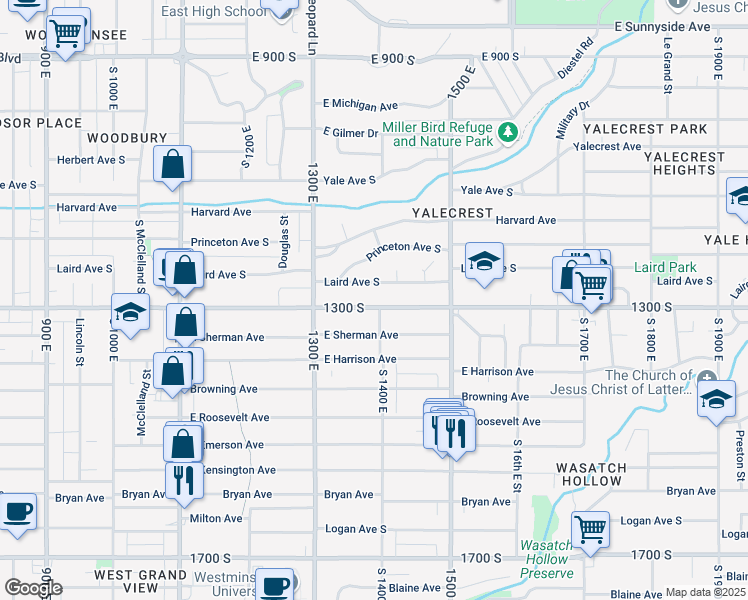 map of restaurants, bars, coffee shops, grocery stores, and more near 1381 East 1300 South in Salt Lake City