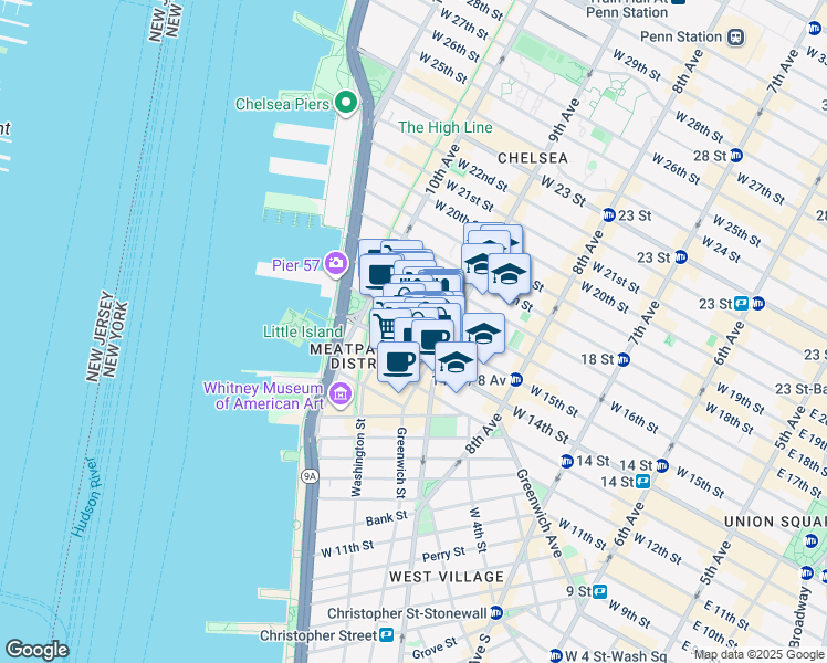map of restaurants, bars, coffee shops, grocery stores, and more near 412 West 15th Street in New York