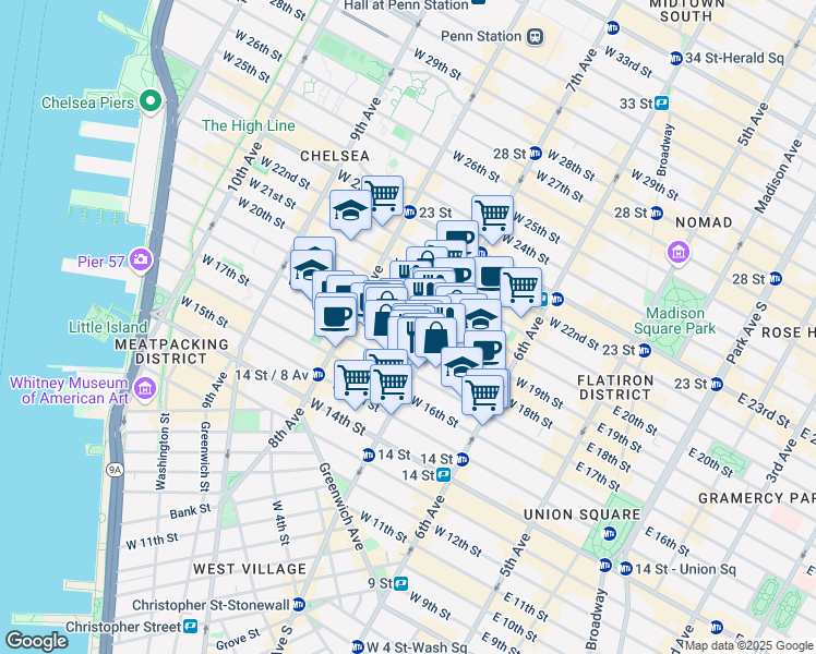 map of restaurants, bars, coffee shops, grocery stores, and more near 220 West 19th Street in New York