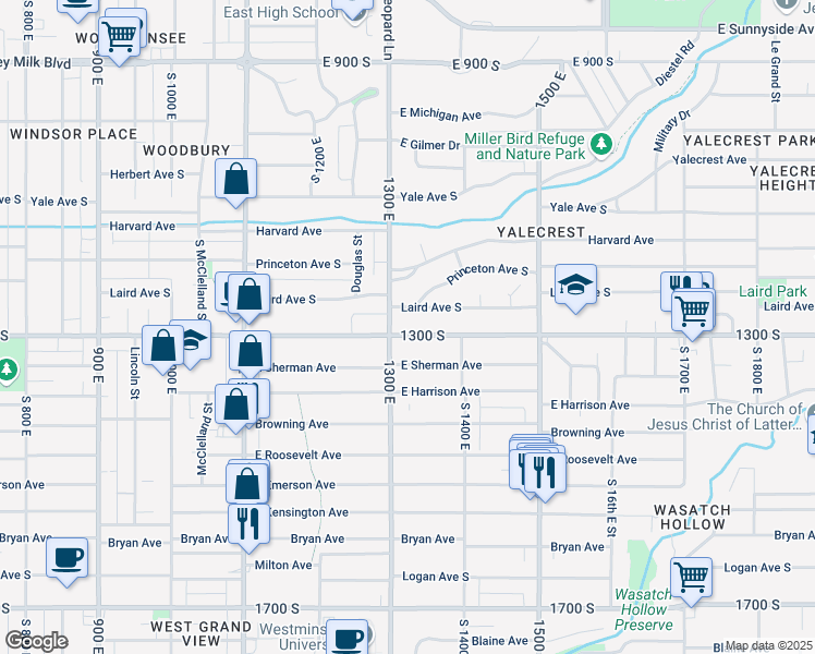 map of restaurants, bars, coffee shops, grocery stores, and more near 1319 East 1300 South in Salt Lake City