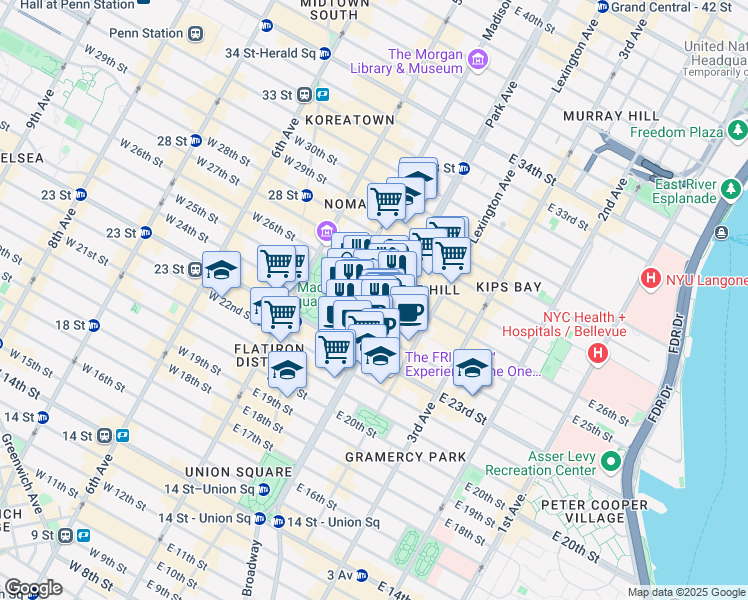 map of restaurants, bars, coffee shops, grocery stores, and more near 340 Park Avenue South in New York