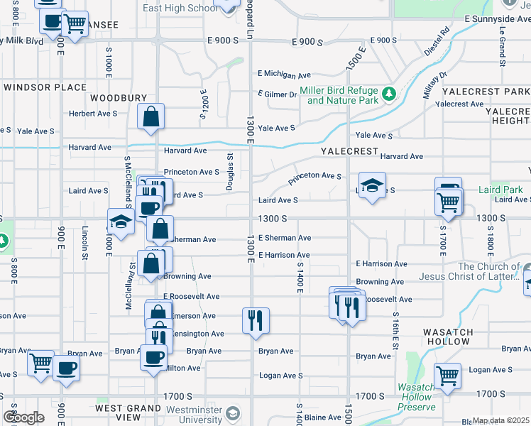 map of restaurants, bars, coffee shops, grocery stores, and more near 1303 South 1300 East in Salt Lake City