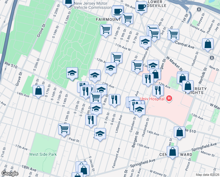 map of restaurants, bars, coffee shops, grocery stores, and more near 223 South 7th Street in Newark