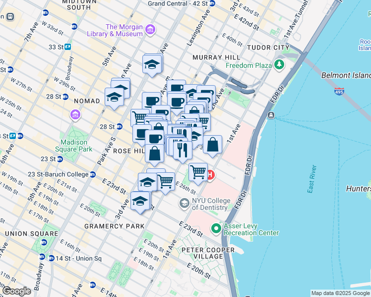 map of restaurants, bars, coffee shops, grocery stores, and more near 525 2nd Avenue in New York