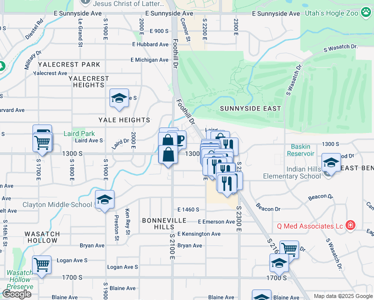 map of restaurants, bars, coffee shops, grocery stores, and more near 2133 1300 South in Salt Lake City