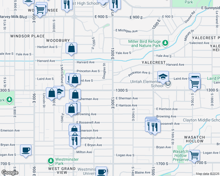 map of restaurants, bars, coffee shops, grocery stores, and more near 1272 East 1300 South in Salt Lake City