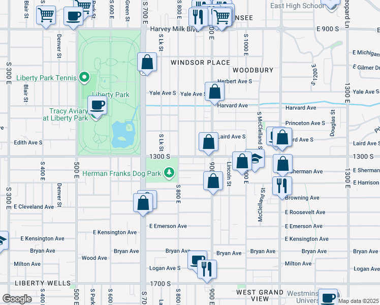 map of restaurants, bars, coffee shops, grocery stores, and more near 834 East 1300 South in Salt Lake City