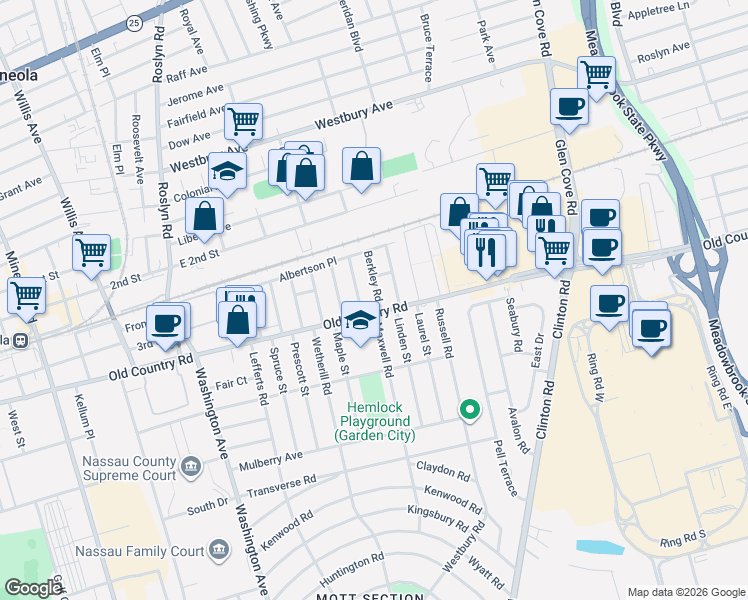map of restaurants, bars, coffee shops, grocery stores, and more near 4 Kenilworth Road in Mineola