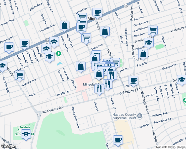 map of restaurants, bars, coffee shops, grocery stores, and more near in Mineola