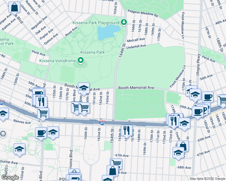 map of restaurants, bars, coffee shops, grocery stores, and more near 57-18 164th Street in Queens