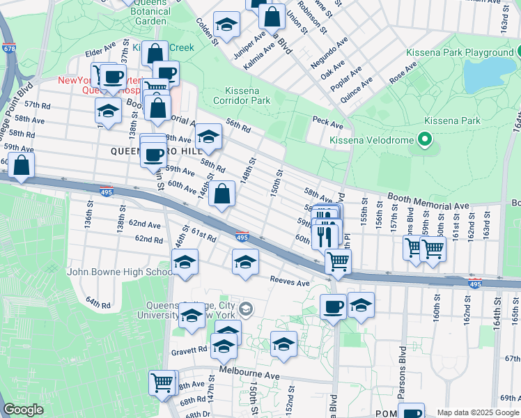 map of restaurants, bars, coffee shops, grocery stores, and more near 148-53 60th Avenue in Queens