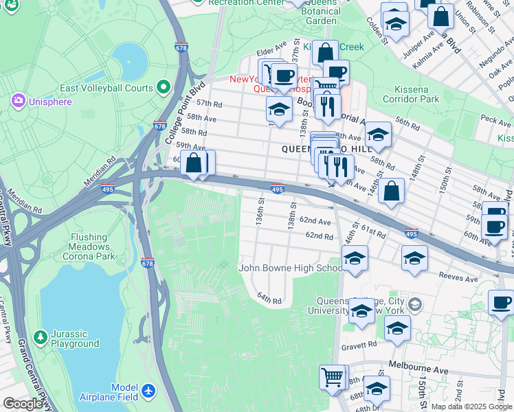 map of restaurants, bars, coffee shops, grocery stores, and more near 135-30 62nd Avenue in Queens