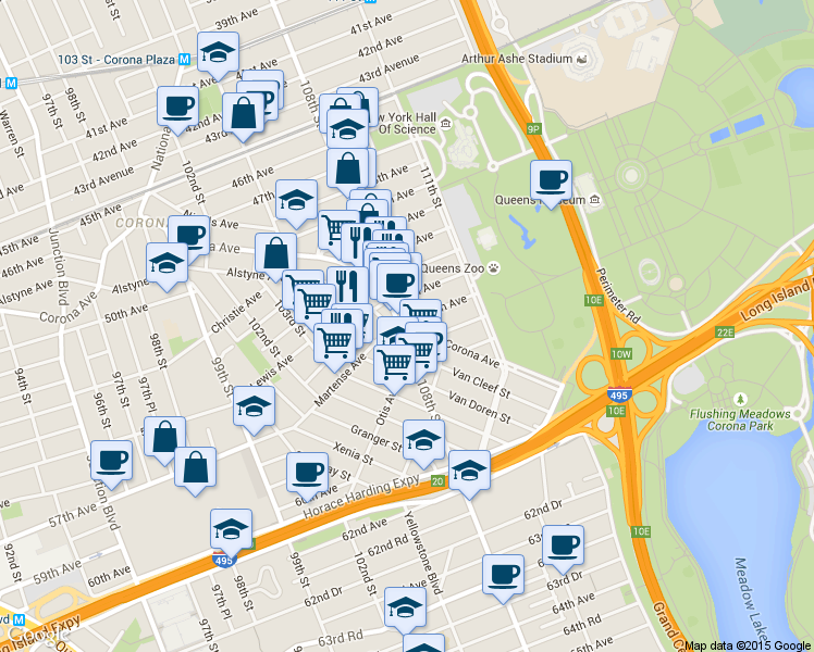map of restaurants, bars, coffee shops, grocery stores, and more near 54-19 108th Street in Queens