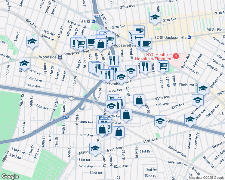 map of restaurants, bars, coffee shops, grocery stores, and more near 69-34 43rd Avenue in Queens