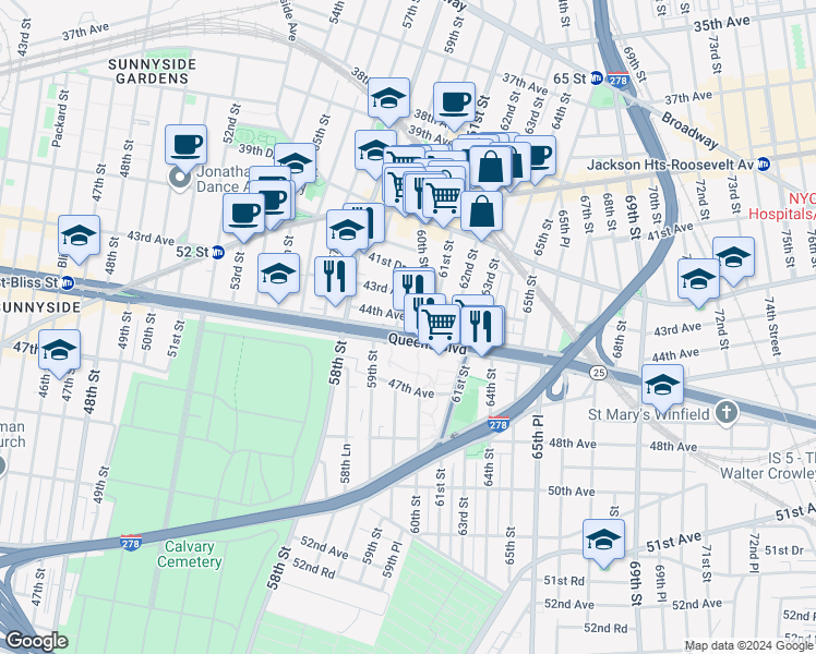 map of restaurants, bars, coffee shops, grocery stores, and more near 44-08 60th Street in Queens