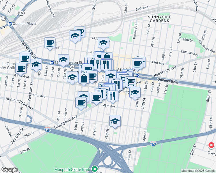 map of restaurants, bars, coffee shops, grocery stores, and more near 41-16 47th Avenue in Queens