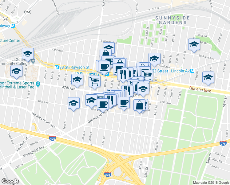 map of restaurants, bars, coffee shops, grocery stores, and more near 41-16 47th Avenue in Queens