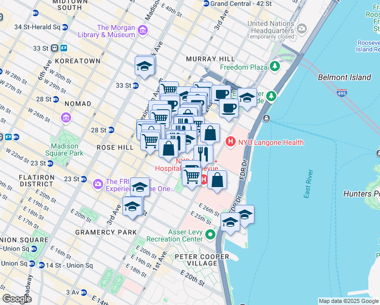 map of restaurants, bars, coffee shops, grocery stores, and more near 323 East 29th Street in New York