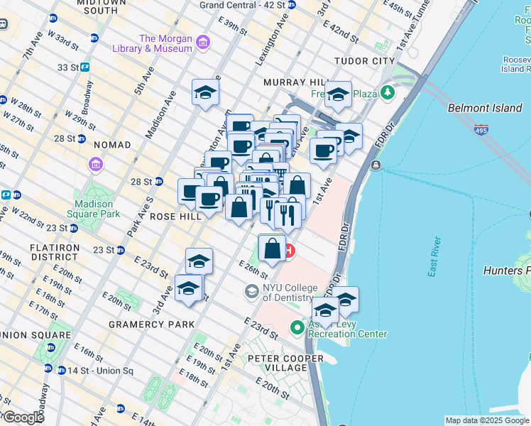 map of restaurants, bars, coffee shops, grocery stores, and more near 323 East 29th Street in New York