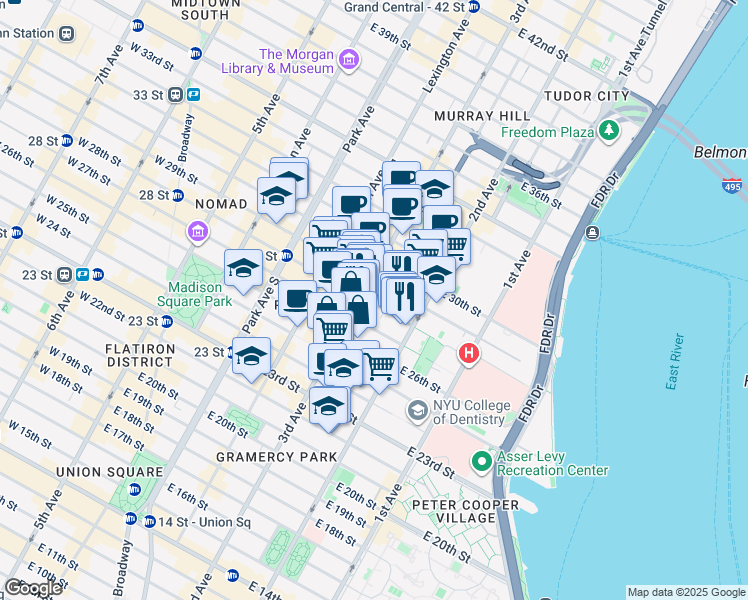 map of restaurants, bars, coffee shops, grocery stores, and more near 216 East 28th Street in New York
