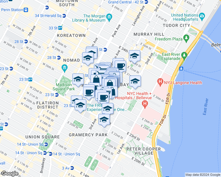 map of restaurants, bars, coffee shops, grocery stores, and more near 376 3rd Avenue in New York
