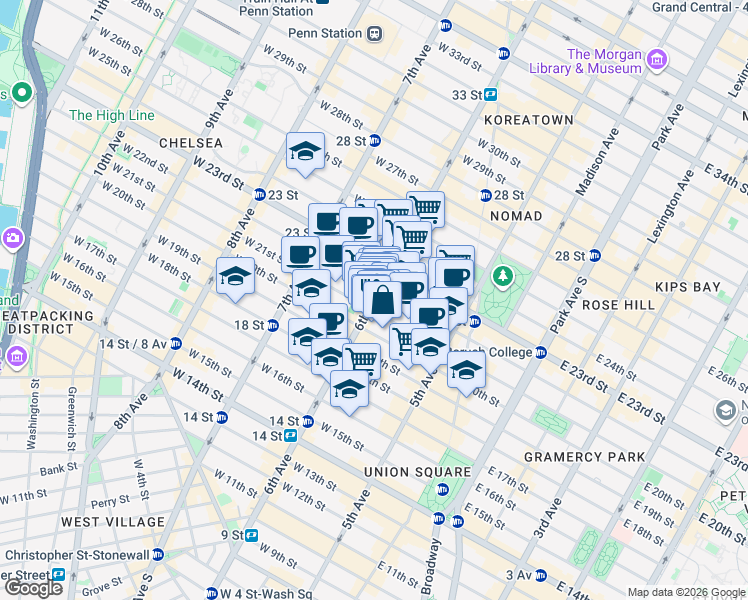 map of restaurants, bars, coffee shops, grocery stores, and more near in New York