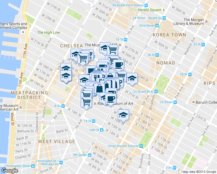 map of restaurants, bars, coffee shops, grocery stores, and more near in New York