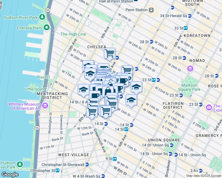 map of restaurants, bars, coffee shops, grocery stores, and more near in New York