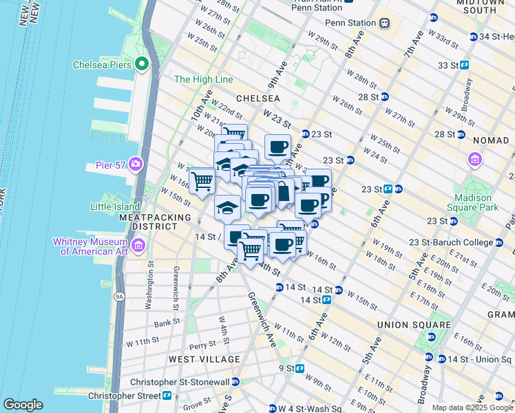map of restaurants, bars, coffee shops, grocery stores, and more near 128 8th Avenue in New York
