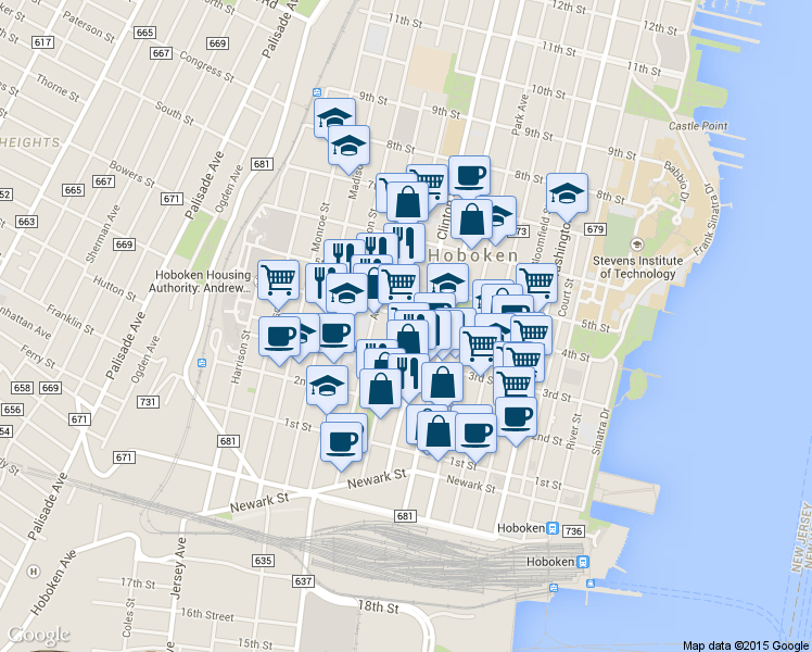 map of restaurants, bars, coffee shops, grocery stores, and more near 313 Grand Street in Hoboken