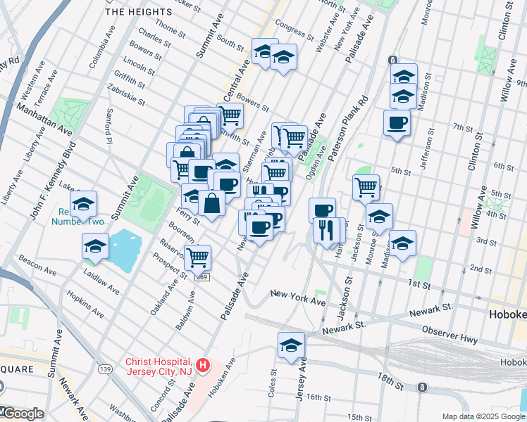 map of restaurants, bars, coffee shops, grocery stores, and more near 398 Palisade Avenue in Jersey City