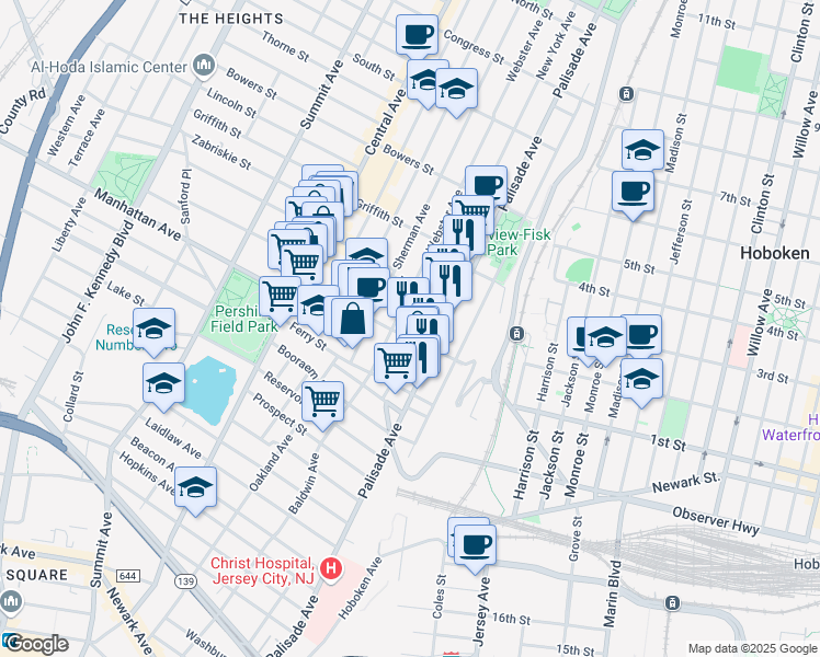 map of restaurants, bars, coffee shops, grocery stores, and more near 63 Franklin Street in Jersey City
