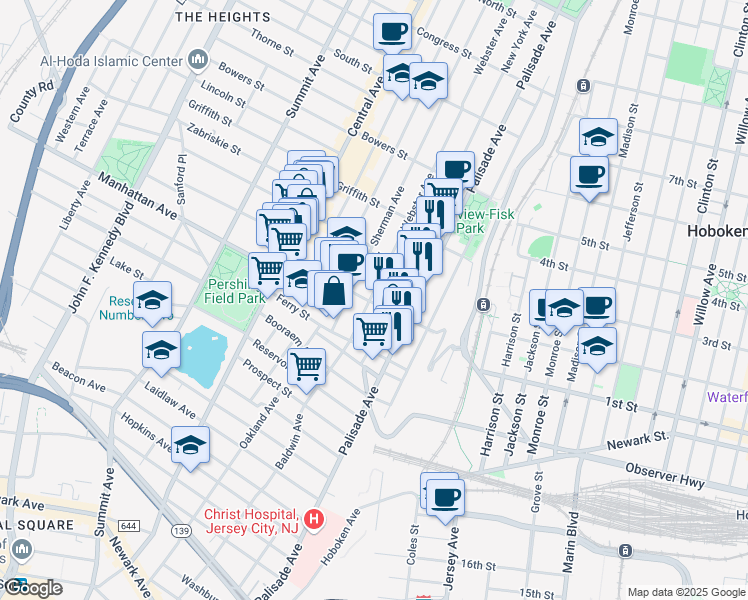 map of restaurants, bars, coffee shops, grocery stores, and more near 63 Franklin Street in Jersey City