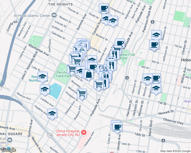 map of restaurants, bars, coffee shops, grocery stores, and more near 63 Franklin Street in Jersey City