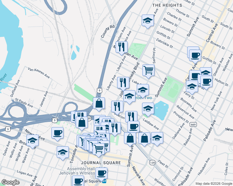 map of restaurants, bars, coffee shops, grocery stores, and more near 3181 John F. Kennedy Boulevard in North Bergen