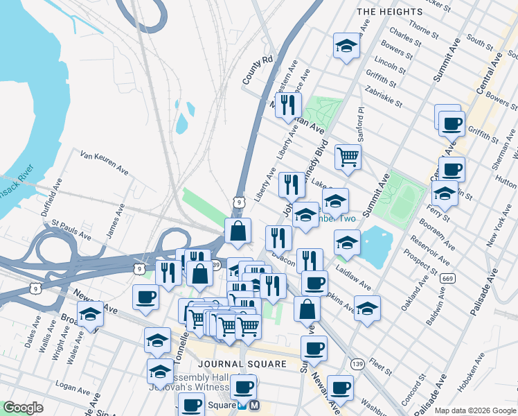 map of restaurants, bars, coffee shops, grocery stores, and more near 36 Floyd Street in Jersey City