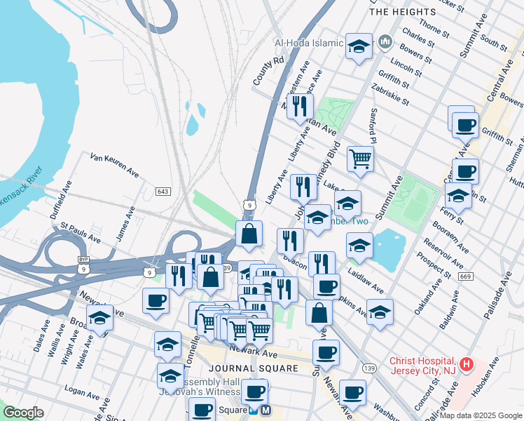 map of restaurants, bars, coffee shops, grocery stores, and more near 36 Floyd Street in Jersey City