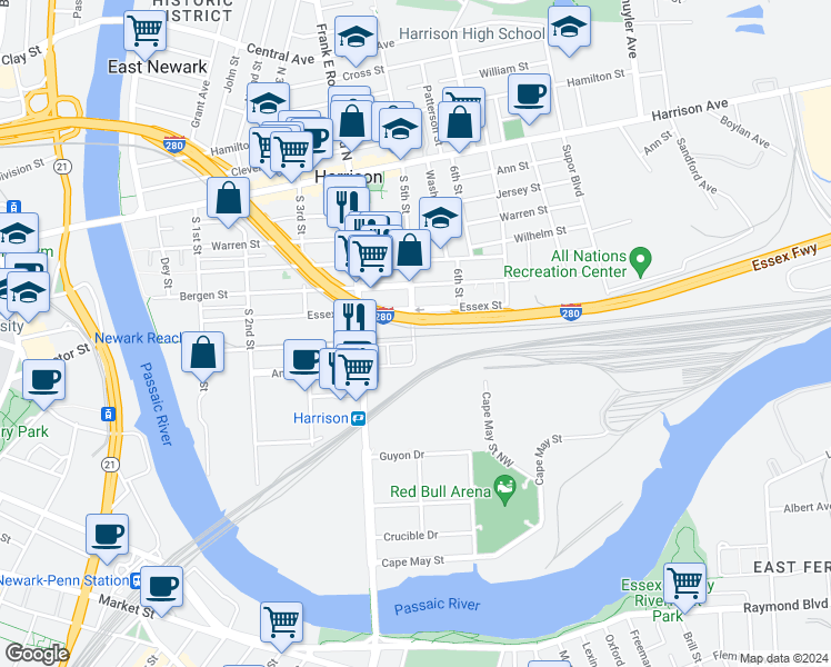 map of restaurants, bars, coffee shops, grocery stores, and more near 600 South 5th in Harrison