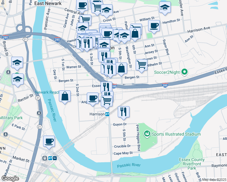 map of restaurants, bars, coffee shops, grocery stores, and more near 600 Frank E Rodgers Boulevard South in Harrison