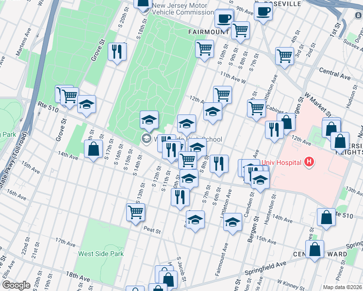 map of restaurants, bars, coffee shops, grocery stores, and more near 329 South 10th Street in Newark