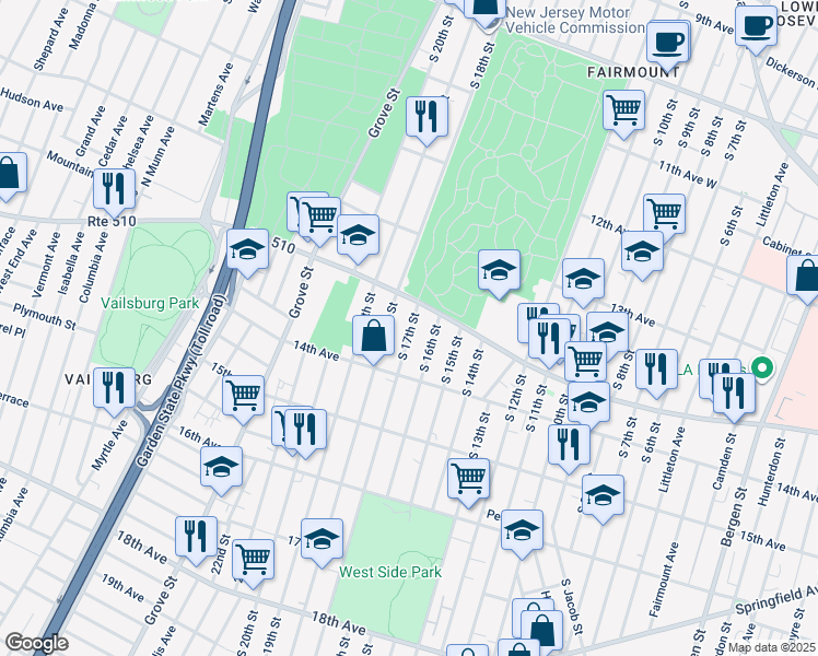 map of restaurants, bars, coffee shops, grocery stores, and more near 427 South 16th Street in Newark