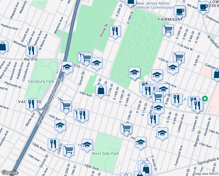 map of restaurants, bars, coffee shops, grocery stores, and more near 427 South 16th Street in Newark