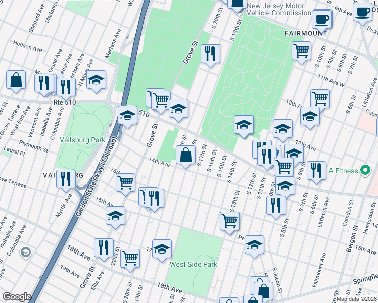 map of restaurants, bars, coffee shops, grocery stores, and more near 445 South 18th Street in Newark