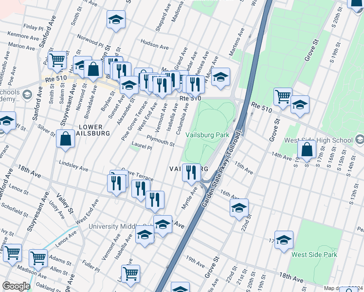 map of restaurants, bars, coffee shops, grocery stores, and more near 100 Columbia Avenue in Newark