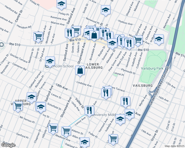 map of restaurants, bars, coffee shops, grocery stores, and more near 134 Sunset Avenue in Newark