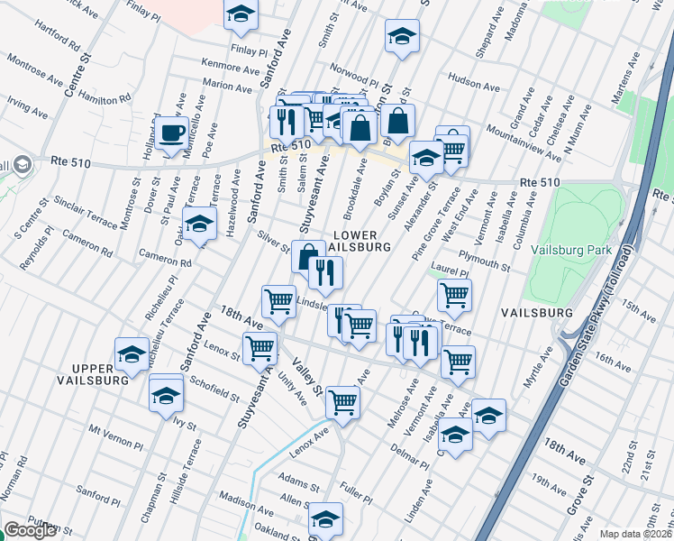 map of restaurants, bars, coffee shops, grocery stores, and more near 145 Brookdale Avenue in Newark