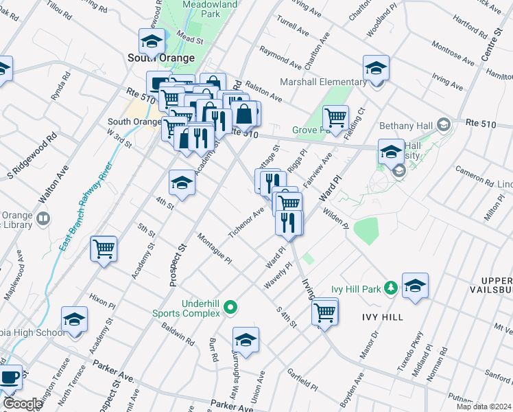 map of restaurants, bars, coffee shops, grocery stores, and more near 152 Tichenor Avenue in South Orange