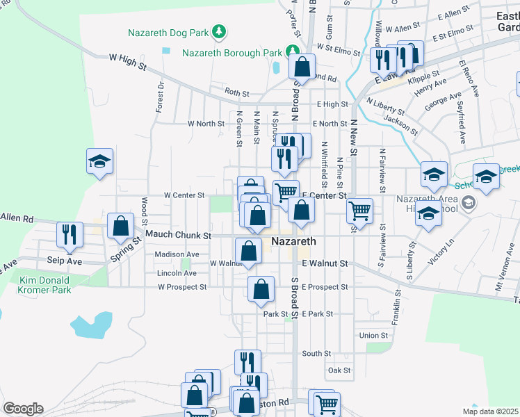 map of restaurants, bars, coffee shops, grocery stores, and more near 36 South Main Street in Nazareth